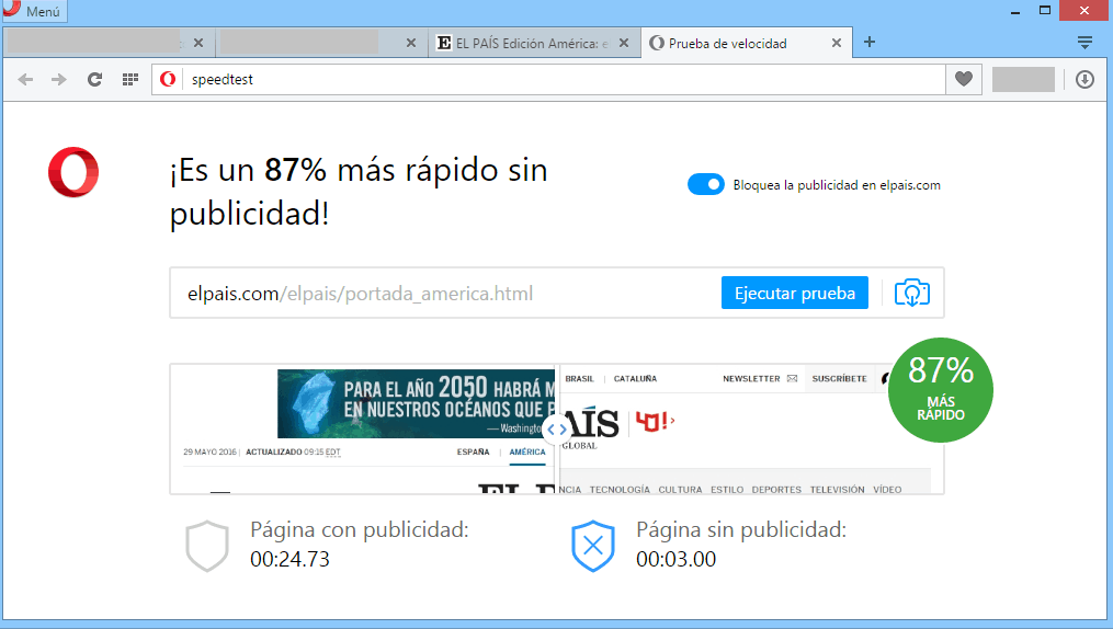 El sistema de bloqueo de publicidad integrado por defecto en el navegador Ópera es capaz de acelerar la carga de El País en un 87%.