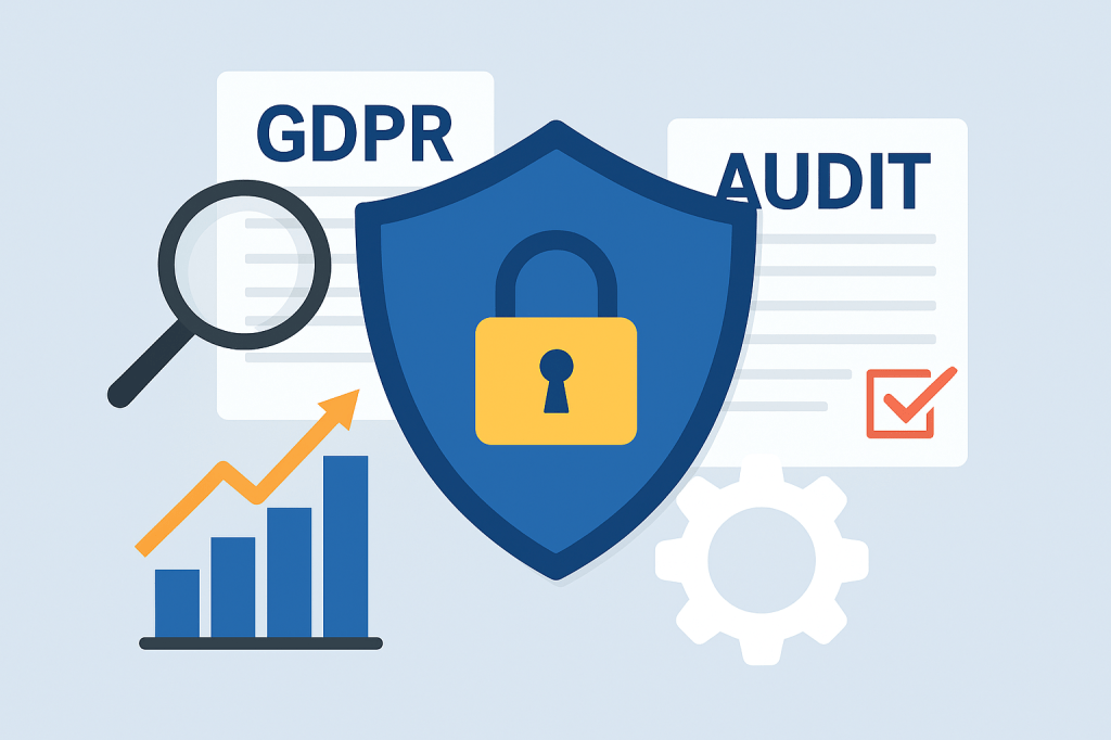 Ilustración con un escudo y un candado representando la protección de datos, junto a iconos de auditoría, documentos, lupa y gráfico de barras.