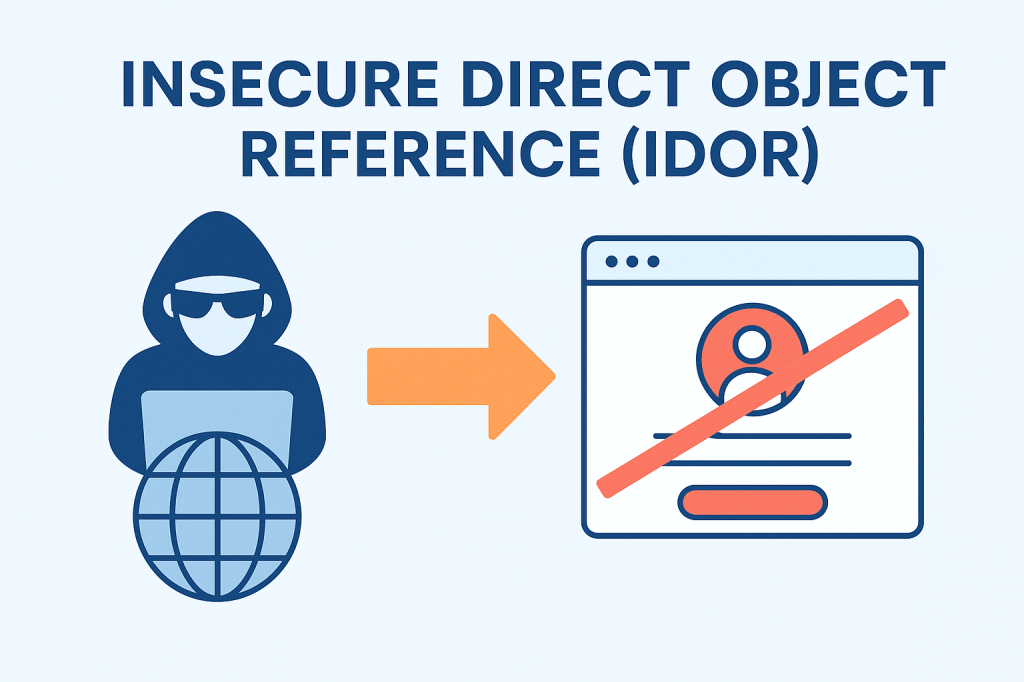 Ilustración sobre la vulnerabilidad IDOR con un atacante representado como figura encapuchada junto a una flecha que apunta a una interfaz web con acceso no autorizado marcado como bloqueado.