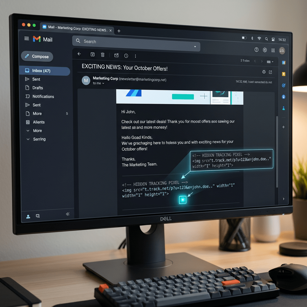 Email inbox displaying marketing message with hidden tracking pixel code highlighted
