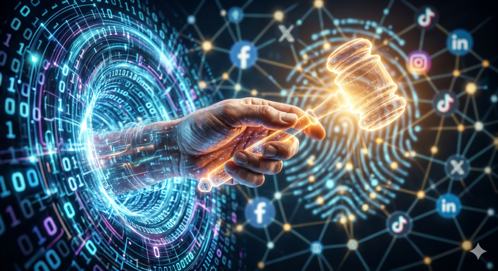 A surreal, high-quality photograph of a human hand emerging from a swirling vortex of glowing digital data streams and binary code. The hand is reaching out to grasp a glowing, traditional judge's gavel made of translucent, holographic light. In the background, there is a blurred, stylized network of interconnected nodes and social media icons, forming an abstract fingerprint shape. The lighting is dramatic, with a contrast between cool blue digital tones and warm golden light around the gavel, symbolizing justice and rights. Cinematic lighting, 8k resolution, photorealistic, intricate details.