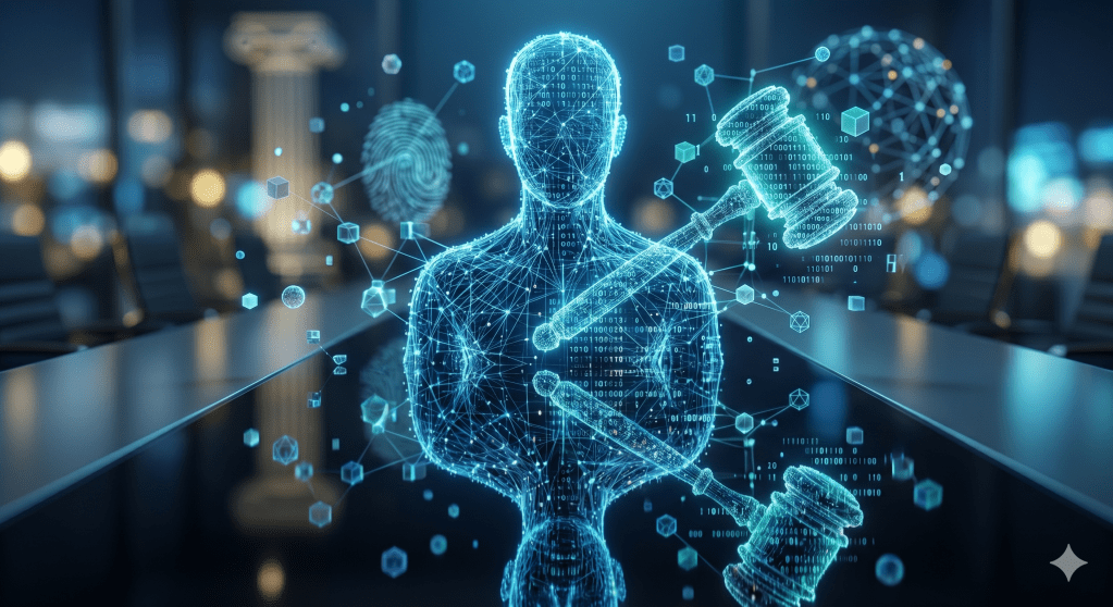 Abstract representation of a human silhouette constructed from glowing blue fiber-optic lines and binary code fragments. The figure is reflected in a polished, dark glass surface that shows a slightly different, more complex digital version of itself. Surrounding the figure are floating translucent geometric shapes representing data points. Professional, corporate aesthetic, deep blue and teal color palette, soft bokeh background, high-tech legal atmosphere.