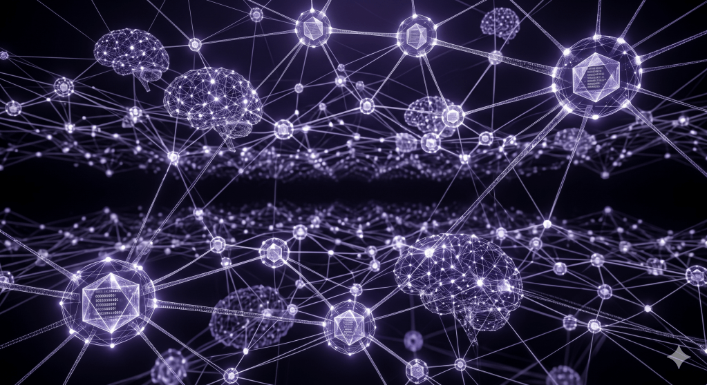 A complex, infinite 3D mesh network of glowing interconnected nodes stretching into a dark horizon. Some nodes contain crystalline structures with faint, unreadable data patterns inside, symbolizing permanent storage. The structure resembles both a neural network and a global web. Intricate details, cinematic lighting, silver and deep violet tones, representing the "digital footprint" that never fades. 8k resolution, minimalist but dense.