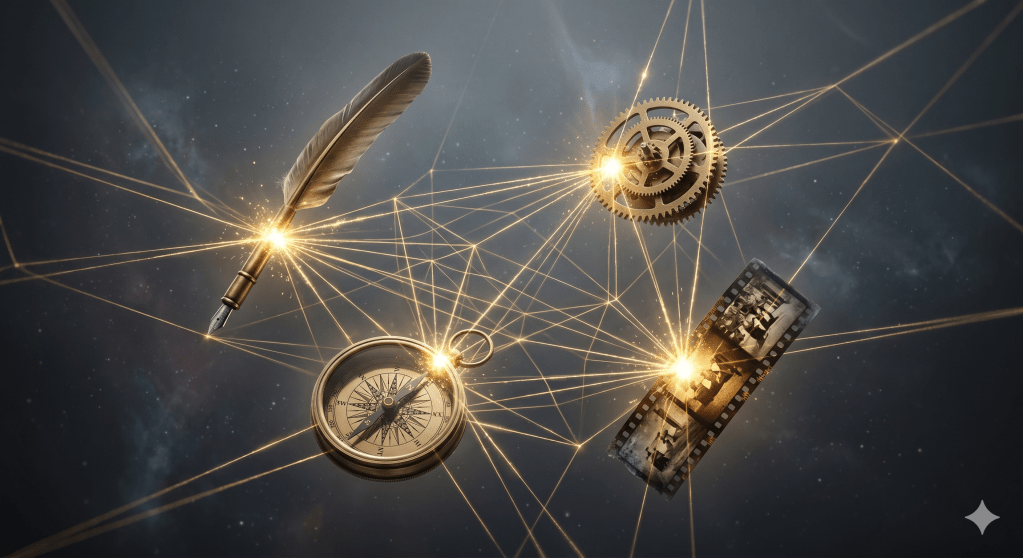 Una red tridimensional de hilos de luz dorada que conectan diferentes objetos suspendidos en un espacio etéreo: una pluma de escribir, un engranaje de reloj, una brújula y un fragmento de celuloide. Los puntos de conexión brillan con intensidad, representando el momento del ingenio. Estética de postproducción de alta gama, fondo neutro y elegante.