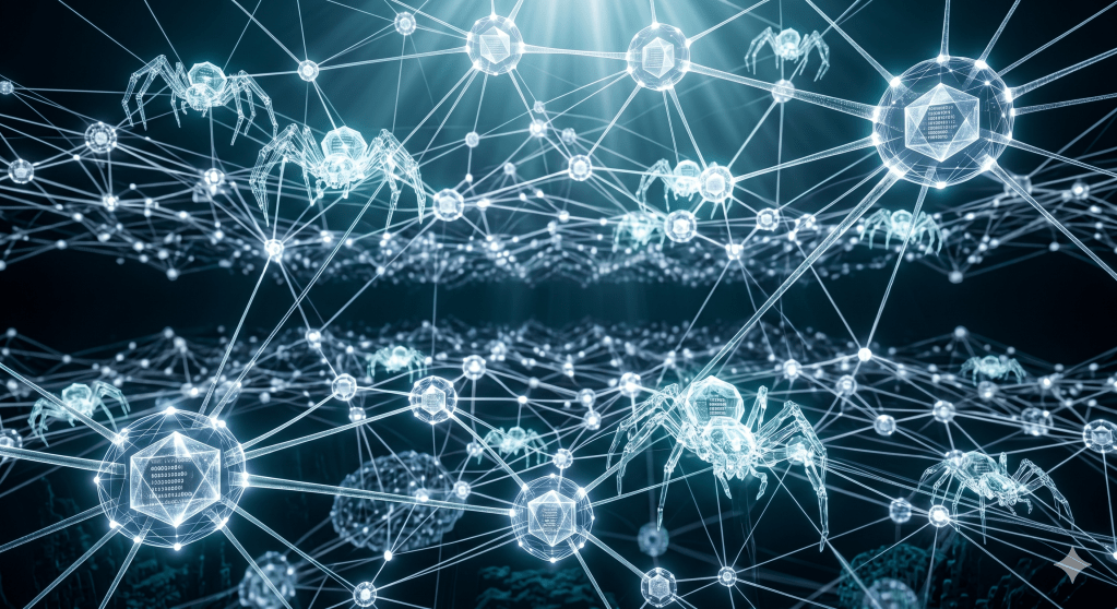 Conceptual illustration of stylized, translucent mechanical spiders made of light (representing web crawlers) moving across a vast, crystalline grid. Below the grid, a dark, deep ocean represents the "deep web." Light rays penetrate the surface, making everything visible and transparent. Clean, sharp lines, architectural feel, white and bright cyan lighting, symbolizing clarity and universal accessibility of information.