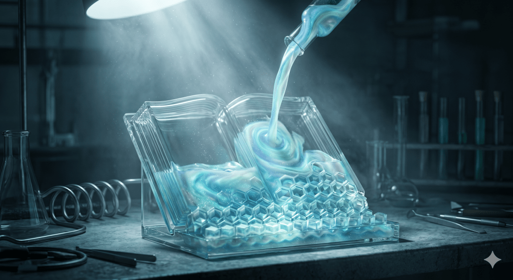 Una corriente de fluido luminiscente que fluye hacia el interior de un molde de cristal con forma de libro abierto. El fluido empieza a solidificarse en la base, adquiriendo una estructura organizada y rítmica. Atmósfera de laboratorio de creación, tonos fríos, luz volumétrica.