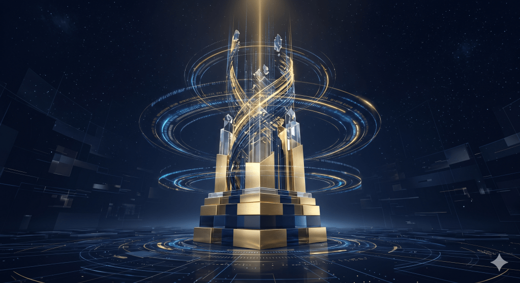 An abstract, majestic pillar composed of multiple layers of glass and gold, standing in the center of a digital landscape. Around the pillar, circular data streams orbit like protective rings. The pillar is solid and opaque at the base but becomes a complex network of light at the top. Golden and navy blue professional tones, symbolizing strength, institutional branding, and legal protection. No text, purely symbolic.