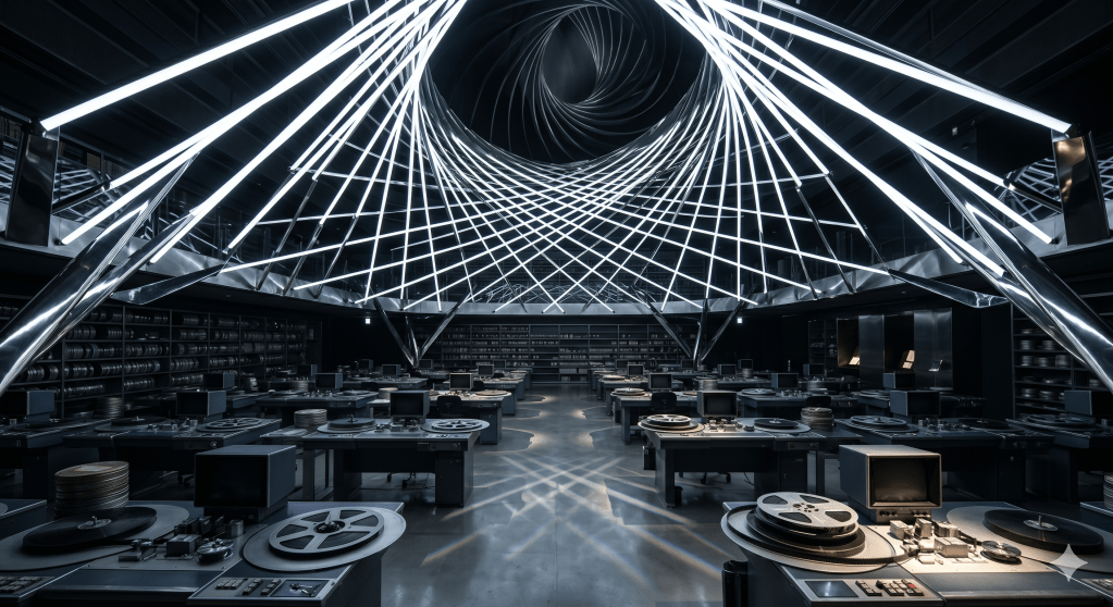 Una estructura arquitectónica minimalista hecha de vigas de luz blanca que se elevan en espiral. La estructura es simétrica y transmite equilibrio y resistencia. De fondo, sutiles sombras de una mesa de montaje cinematográfico. Estilo arquitectónico, ángulos contrapicados, textura de metal pulido.
