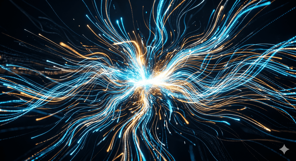 A dynamic, abstract visualization of a "digital explosion" where a single central point sends out thousands of glowing, fast-moving particles in a wave-like motion across a dark space. The motion is fluid and energetic, representing virality and high-speed information flow. Touches of amber and electric blue, high contrast, long exposure light trail effect, professional and intense.