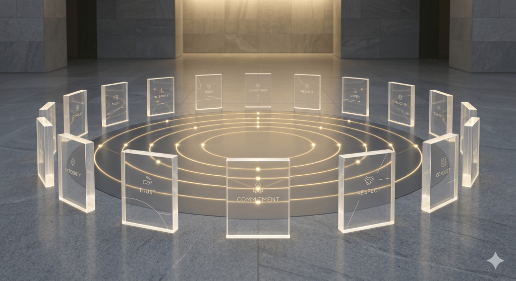 A series of translucent, crystalline tablets or screens arranged in a perfect, orderly circle, symbolizing a code of conduct. Inside the circle, small pulses of light move in synchronization, representing a coordinated team. The scene conveys order, trust, and structural integrity. Minimalist, corporate grey and soft gold lighting, symmetrical composition, institutional and calm.