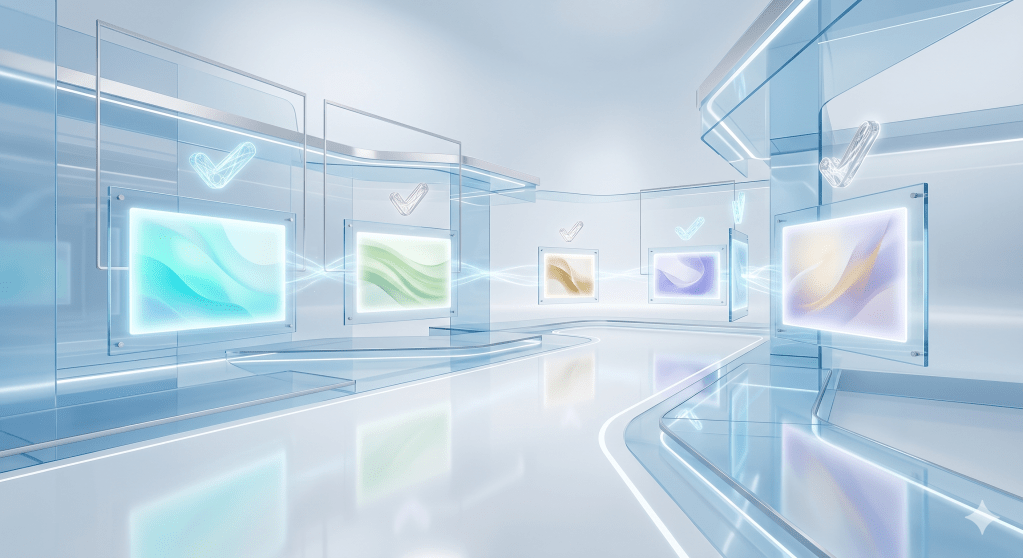 An abstract, modern gallery or "showcase" made of floating glass panels in a virtual space. Each panel glows with a different soft pattern of light, representing regulated advertisements. Small, glowing "check-mark" symbols (abstract, without text) hover near the panels, symbolizing legal compliance and consent. Sophisticated lighting, bright and airy professional environment, palette of white, silver, and light blue.