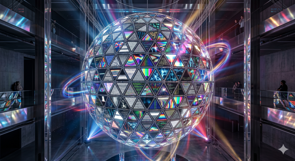 Un mosaico de pantallas de cristal suspendidas que forman una esfera perfecta. Cada pantalla muestra una textura diferente (ruido estático, ondas de color, patrones digitales), representando la diversidad de formatos. Diseño vanguardista, iluminación dinámica, reflejos metálicos.