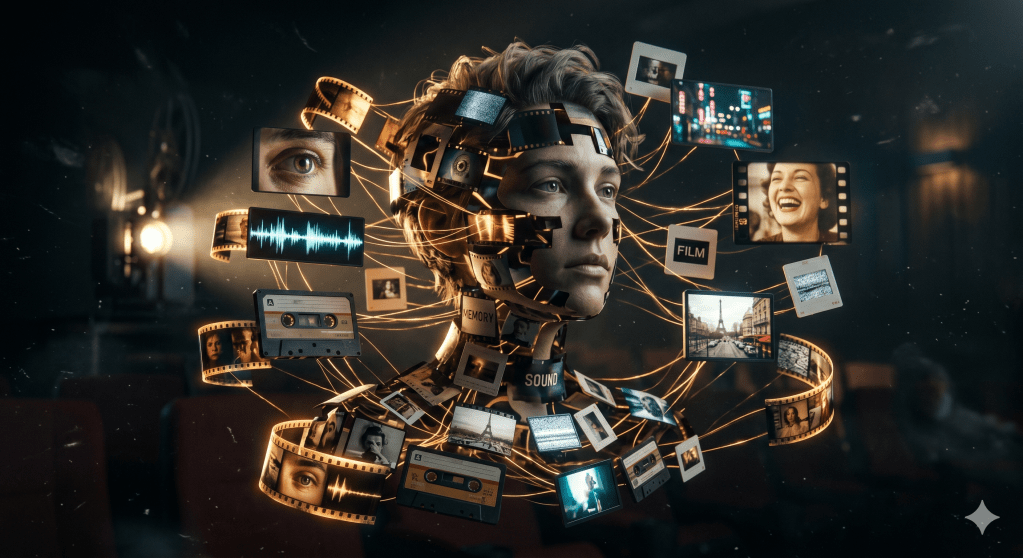 Una composición visual de collage cinemático. Un busto humano fragmentado, hecho no de piedra, sino de fragmentos flotantes de películas de 35mm, cintas de cassette, diapositivas fotográficas y pequeñas pantallas LED. Cada fragmento muestra un vislumbre diferente: un primer plano de un ojo, una onda de sonido, un paisaje urbano, un rostro riendo. Los fragmentos no encajan perfectamente, pero juntos forman una figura coherente en el acto de mirar hacia un horizonte invisible. Hilos de luz dorada (que representan el significado y la conexión) los entrelazan. El fondo es un vacío oscuro y difuminado, como un cine oscuro. La iluminación es dramática, con un fuerte contraste de claroscuro, como si estuviera iluminado por un proyector de cine antiguo. El ambiente es de misterio, descubrimiento y reflexión profunda.